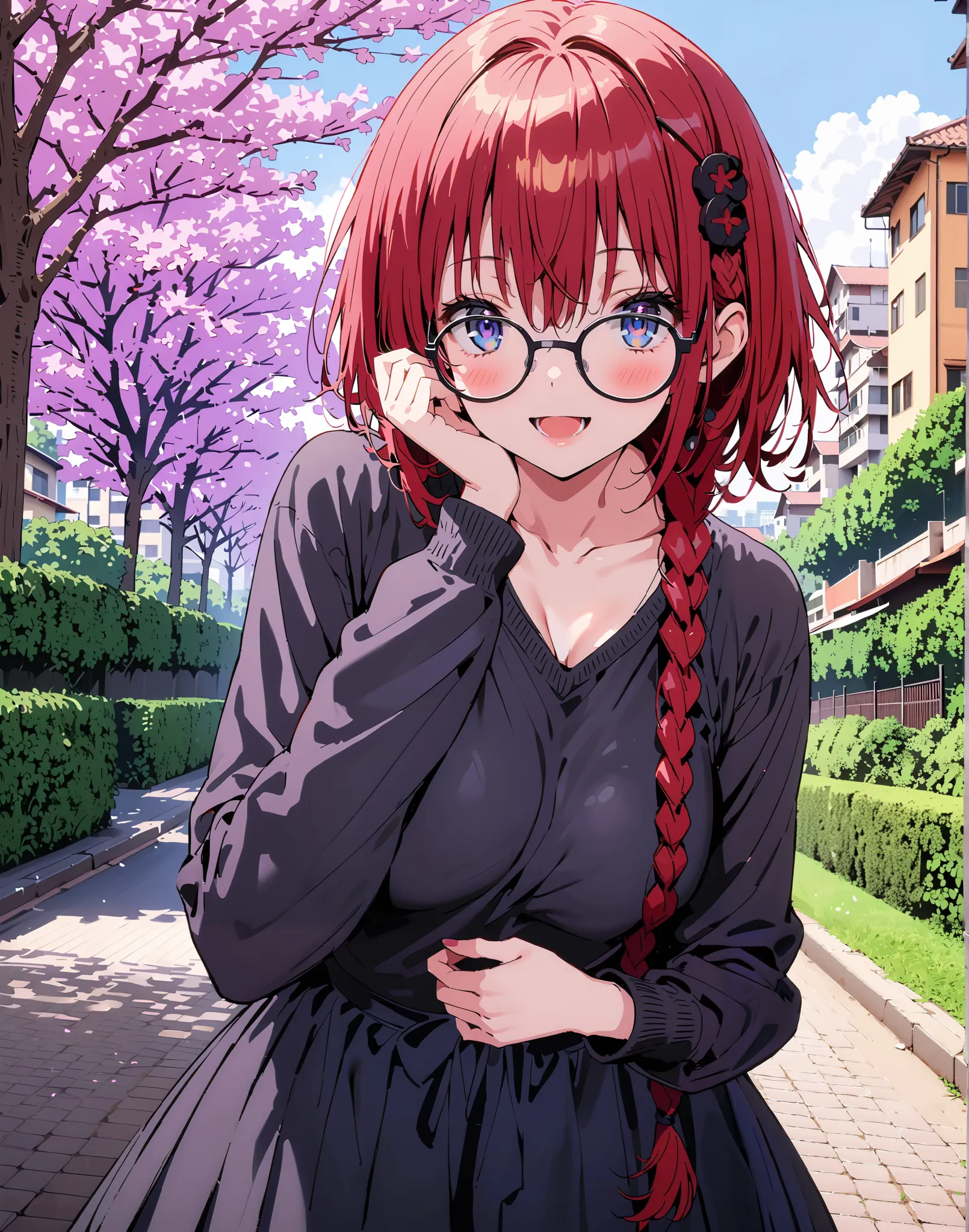 Kurosaki's thing , Alone,stupid hair, blue eyes, knitting glasses, hair intake, sngle braid,HAIR ACCESSORY, red hair, hair knitting glasses, smile,blush,open your mouth,Medium breast, oversized v neck sweater long sleeve,long skirt,short boots, bench,Beaut...