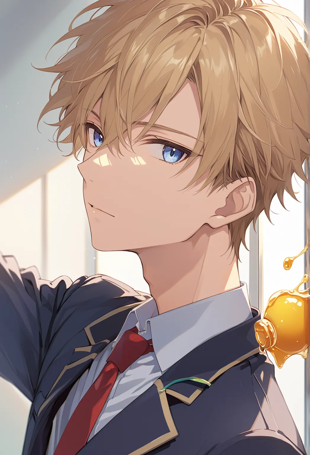 （ very detailed CG:1.5）、（Crisp image quality:1.5）、  beautiful men 、One person、（ detailed facial depiction  :1.3）、Prince、Honey blonde、 school uniform、blazer、tie、 from side、looking at viewer、upper body、school hallway