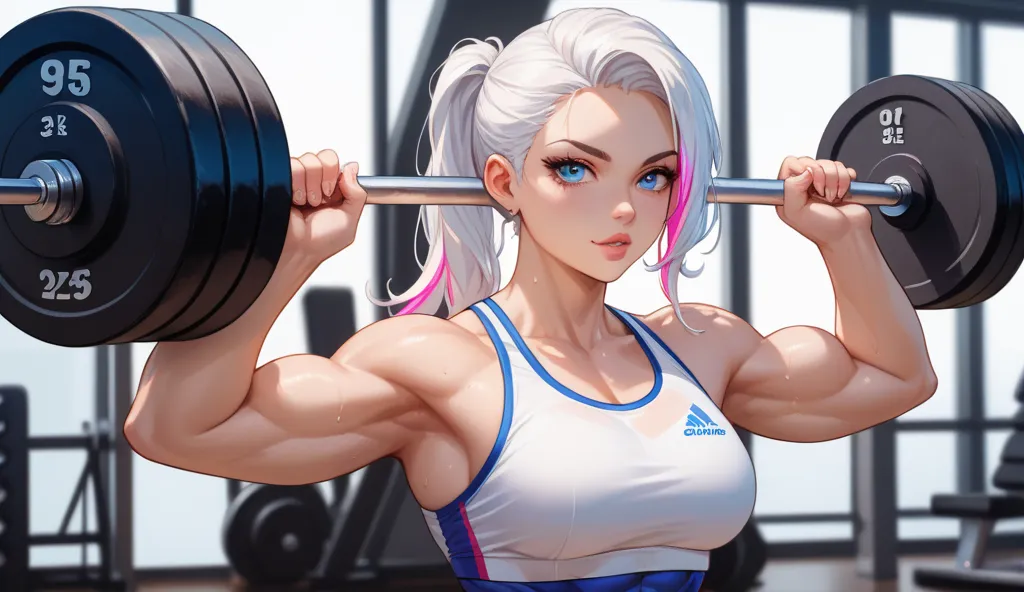 "Create an image of a young anime girl lifting weights in a gym, with her face close to the camera. She has white hair and blue eyes, and her expression shows determination and focus as she lifts the weights. Her body is athletic, with visible muscles that...