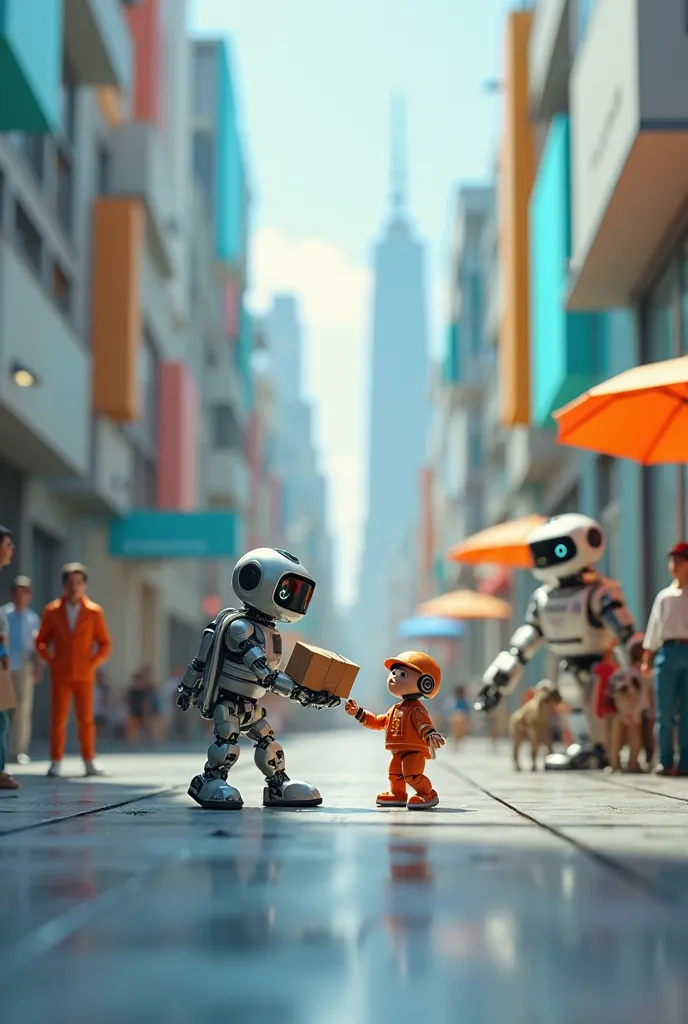 :
"A lively city scene with tiny figures (miniature people) interacting with robots in daily life. A delivery robot hands a package to a tiny figure, a medical assistant robot helps a tiny doctor in a hospital, and an industrial robot is working in a facto...