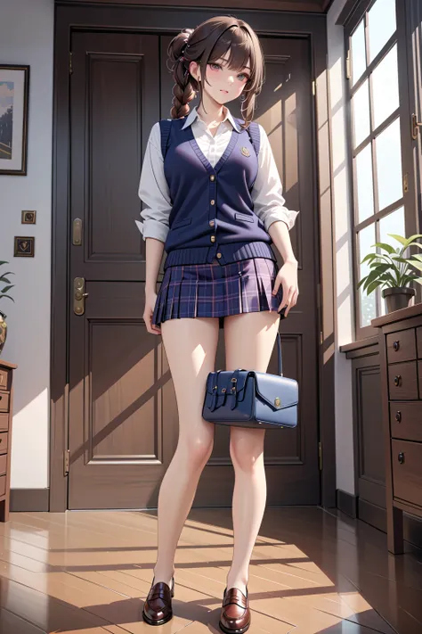 (masterpiece, best quality:1.5), (ultra detailed, high resolution, 8k, beautiful detailed, UHD, best anatomy), Dark brown Braided half-up hair, 1 girl, Preppy Style, White shirt, Navy knit vest, Plaid skirt, Loafers, full body shot, accessory