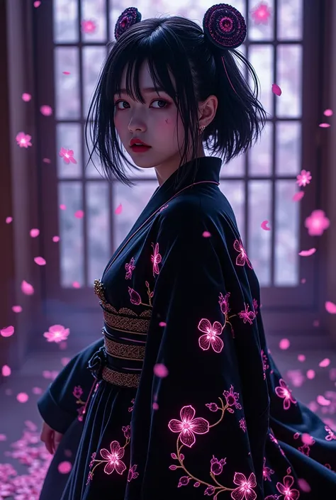 Dazzling black ink cherry blossom petals in halation black light、I'm dancing while wobbling my hair、Please take a full-body picture of a beautiful Japanese girl who looks like a shrine maiden costume combined with a gothic。The base of the costume is embroi...