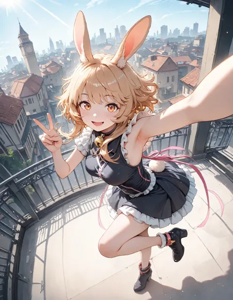 1 girl, rabbit girl, fluffy hair, open your mouth, smile, Dutch angle, sunlight,  extended arm ,  fisheye lens,  Nice, frills, Long ribbon, sunlight, Hunchback,  from side, clock tower,  twinkle in both armpits_hair, from above, v,  stand on one leg, outdo...