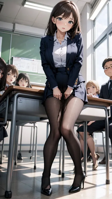 Female teacher who pees at students' graduation、Urinary incontinence、Leaking a lot of pee、  staring at the viewers、 black suit、black miniskirt、pin heels、 white panties、 Perfect Body 、 perfect beauty 、 Japanese elementary school teachers 、A female teacher p...