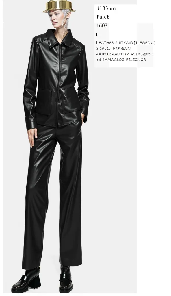 Long-legged middle-aged woman in leather suit and leather pants standing with legs slightly apart