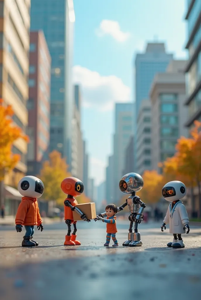 :
"A lively city scene with tiny figures (miniature people) interacting with robots in daily life. A delivery robot hands a package to a tiny figure, a medical assistant robot helps a tiny doctor in a hospital, and an industrial robot is working in a facto...