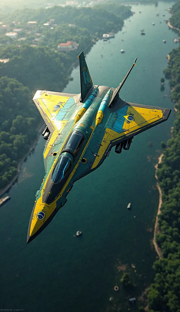 "Caça stealth nuclear BRICS-Sovereign X9, angular fusion of F-117 + J-XX canard wings + stabilizers of F-22. Cores: matte green flag, bright yellow-gold bands, details in sky blue and white.   circular logo flag of BRICS ALLIANCE in high-tech indigenous st...