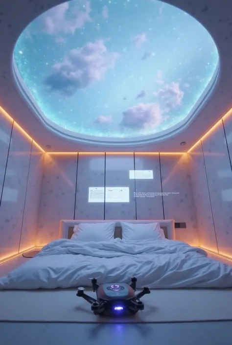 first-person view. My eyes open slowly, And above me, a translucent glass ceiling displays an artificial sky with soft shades of blue and purple. The surrounding lights automatically adjust to my awakening, illuminating the minimalist bedroom with metallic...