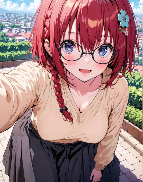Kurosaki's thing , Alone,stupid hair, blue eyes, knitting glasses, hair intake, sngle braid,HAIR ACCESSORY, red hair, hair knitting glasses, smile,blush,open your mouth,Medium breast, oversized v neck sweater long sleeve,long skirt,short boots, bench,Beaut...