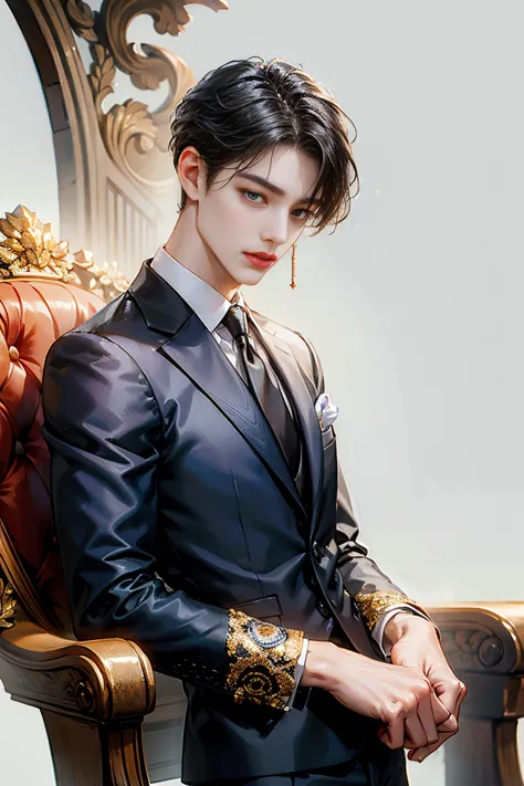 HD quality,  High definition , male is 18 years old, handsome and slim,   earrings, Wear a bracelet and , charming,  suit을 입은,tie, suit, Korean boy ,The eyes are incredibly big,The eyes are really big,Slim face ,Very very big eyes,small eyes,sharp eyes,bit...