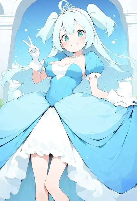 {{{Richil}}}, 1girl, long hair, two side up, ahoge, light blue hair, aqua eyes, fair skin, skinny, slim legs, petite, (medium breasts), large breasts, {{{smile}}}, {{{solo}}}, (masterpiece:1.2), (best quality:1.2), (high quality:1.2), (accurate), {{{prince...