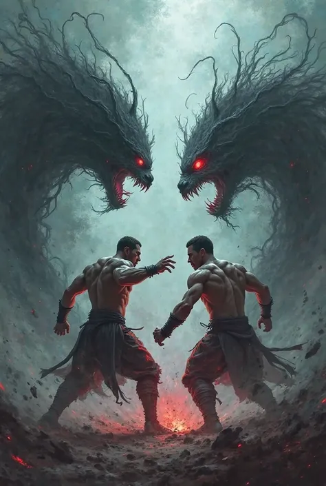 Bare-handed fighters fight against red-eyed shadow demons, creating a horizontal image.