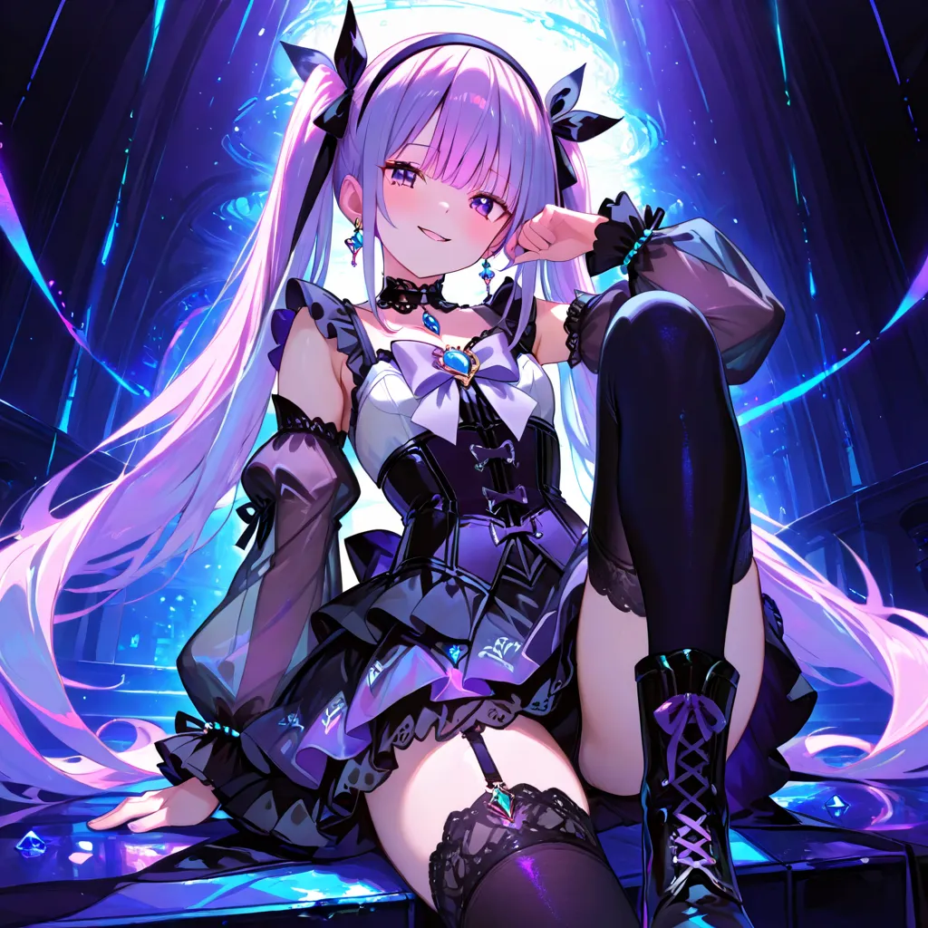 1 girl, solo, magical girl, purple hair, long hair, long half twintails, purple eyes, hair black ribbon, black hairband, light blue hart earrings, chic black choker with lace detailing, black sleeveless innerwear, black false collar with dark purple frill ...