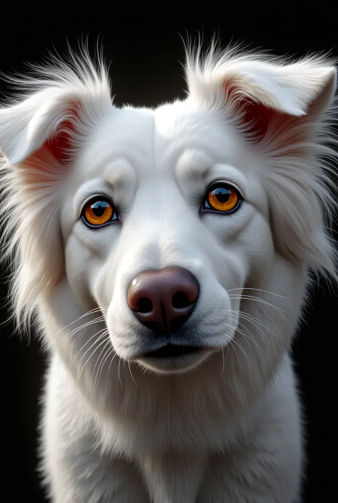 there is a white dog with brown eyes and a black background, a digital painting inspired by Edwin Landseer, featured on zbrush central, digital art, high quality portrait, portrait of dog, realistic picture, portrait of a dog, ultra realistic picture, port...