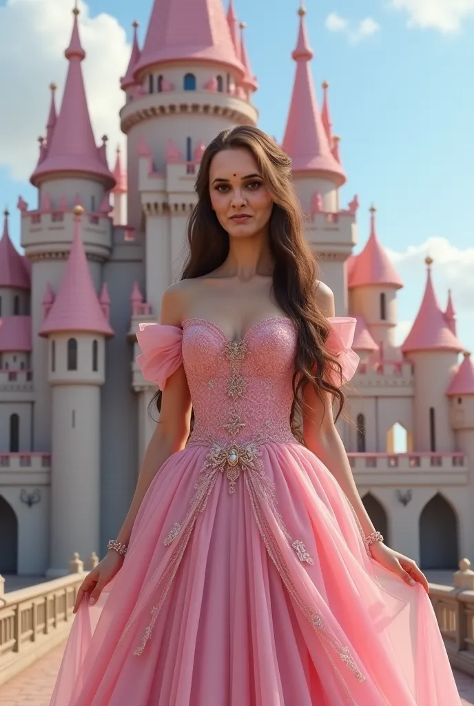 Beautiful queen straight brown hair pink dress in front of Castelo Rosa 