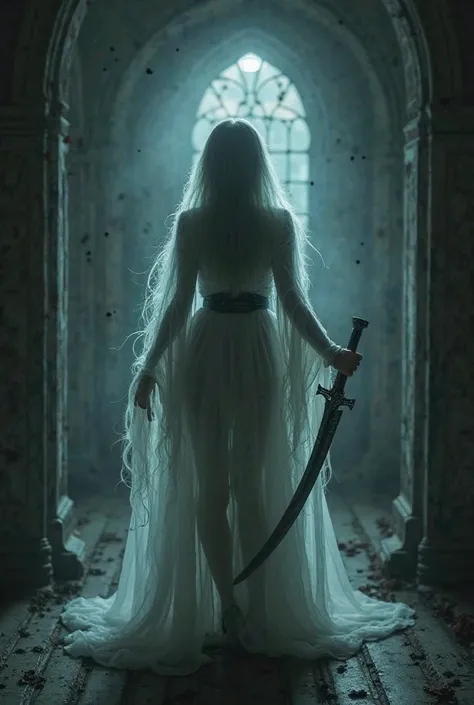 a hyper-realistic ghost with long flowing hair, and wearing goth style clothing. the girl is transparent where you can see through her. she has an with an attached handle to the middle of the curved blade. she is standing in a middle of a haunted house tha...