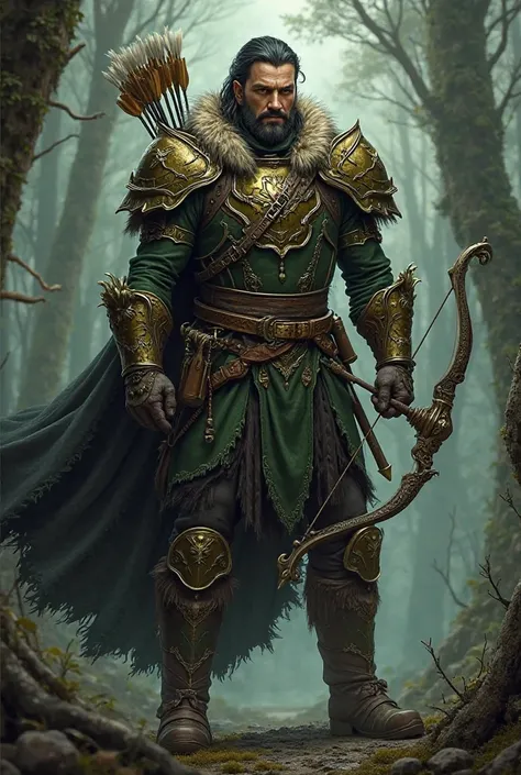 Reign, a rugged male archer in a detailed, fantasy video game art style, standing in a confident pose in a dark forest, wearing ornate green and gold armor with fur-lined pauldrons, a black cape, holding a crossbow in one hand and a quiver of arrows in the...