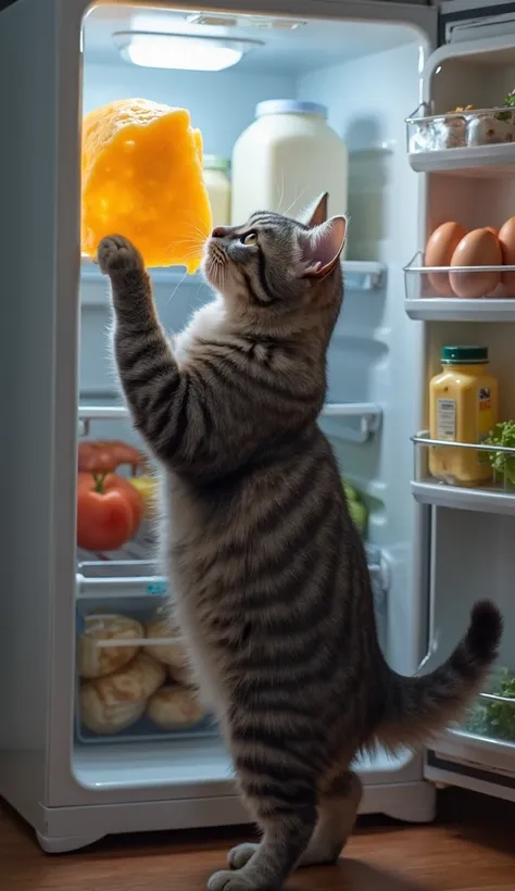 A gray big fat tabby cat standing on its hind legs, reaching into an open refrigerator with one paw grabbing a large, golden piece of cheese. The fridge has a soft, cool light illuminating the cat’s curious expression. Various food items like milk, eggs, a...