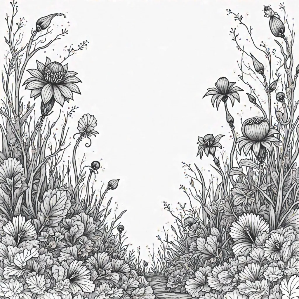 only white and black、 lines are black、 adult coloring book、Unpainted、fantasy garden、A dream garden full of mystical flowers and plants、Delicate depiction、Full screen depiction 