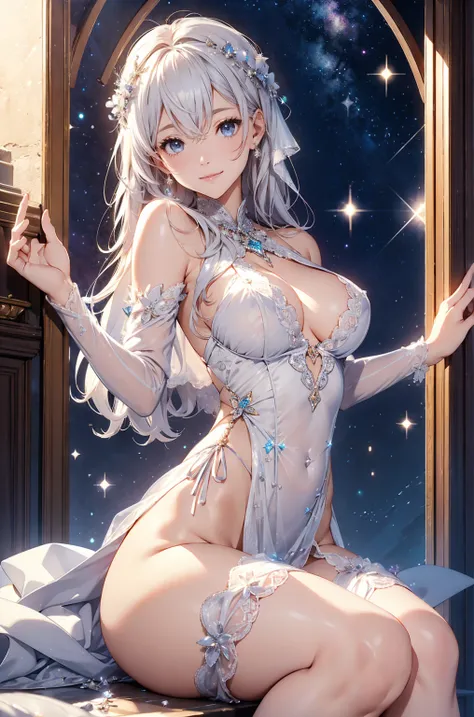 Best Quality　  mystical  、galaxy 宇宙  、  Milky Way、 Sleeping on Her Back  ! 、 Crotch structure seen from below) ERO 1 WOMAN cute smile！smile!   gentle gaze  , beautiful eyes 、renew、Chest 130 beautiful constriction、waist line  sexy strongest 、beautiful 、  Ra...