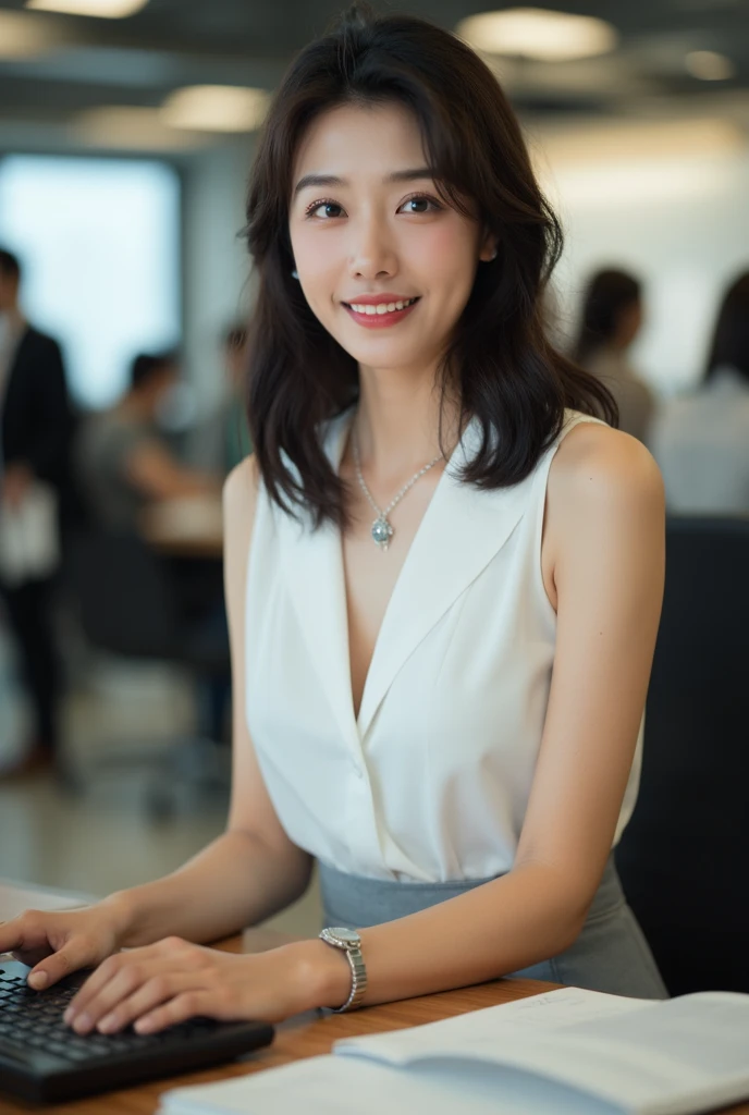 Full body photo of a young Japanese woman in her 20s. Her complexion is bright and her skin is smooth and lustrous. Her dark brown medium hair is gently wavy and falls naturally over her shoulders. Her elongated features, large eyes, well-defined nose, sma...