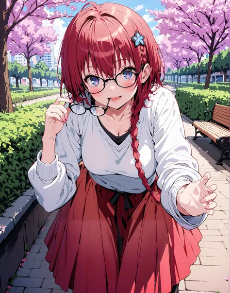 Kurosaki's thing , Alone,stupid hair, blue eyes, knitting glasses, hair intake, sngle braid,HAIR ACCESSORY, red hair, hair knitting glasses, smile,blush,open your mouth,Medium breast, oversized v neck sweater long sleeve,long skirt,short boots, bench,Beaut...