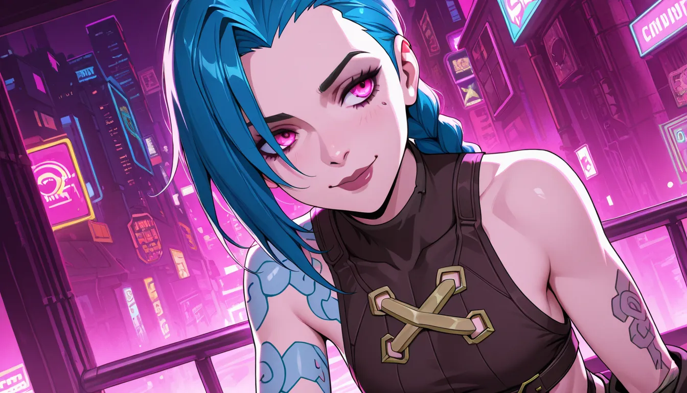 jinx from arcane ,lovely face, cyberpunk city enviroment background, masterpiece, anime style, flashing bod