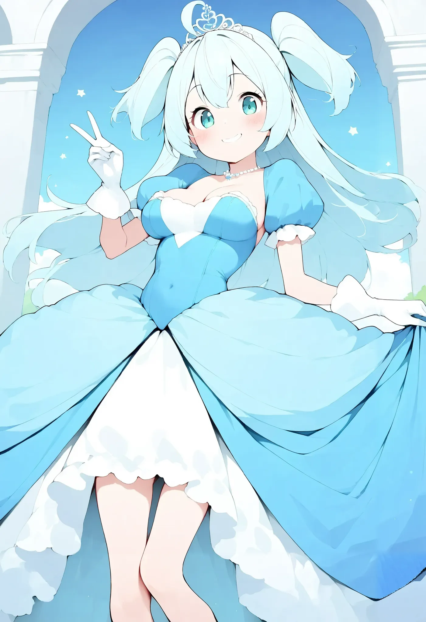 {{{Richil}}}, 1girl, long hair, two side up, ahoge, light blue hair, aqua eyes, fair skin, skinny, slim legs, petite, (medium breasts), large breasts, {{{smile}}}, {{{solo}}}, (masterpiece:1.2), (best quality:1.2), (high quality:1.2), (accurate), {{{prince...