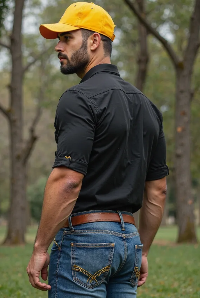  realistic photography , of 35 years old (((men's athletic white))) , , seen from below, nalgon  in the profile , black with yellow details, Oxford shirt and very tight blue jeans, brown belt,  in the profile , big ass, viendo a cámara,   black eyes, in th...