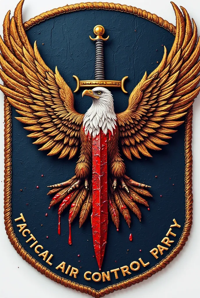 Creates a distinctive square military patch for Air Force special operations unit "Tactical air control party "  with the following details : A sword between wings dripping enormous blood from an eagle and with. Roasted with blood dripping the following wr...