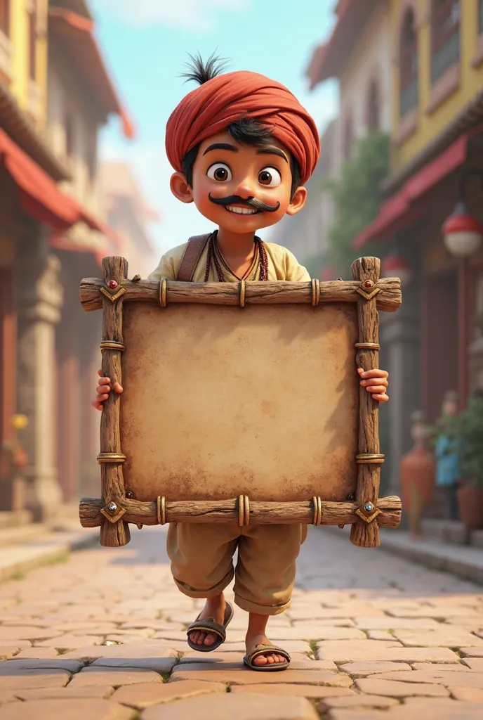 A age boy walking on the road and thinking 3d animation, wear attractive clothes turban moustache, smiling good figure, wearing long 2:3 ratio Traditional A-frame sandwich board sign with shoulder straps, ornate South Asian fantasy style, weathered wooden ...