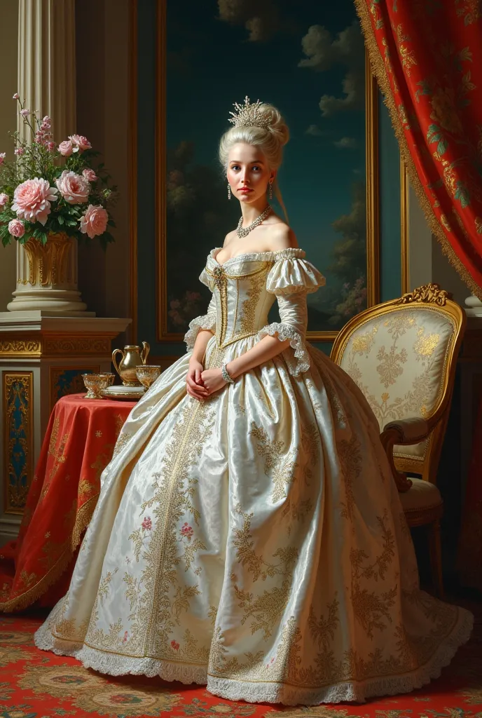 Create a painting image of Queen Marie Antoinette of Austria in her palace in Versailles surrounded by luxurious pastels or extravagant dresses

