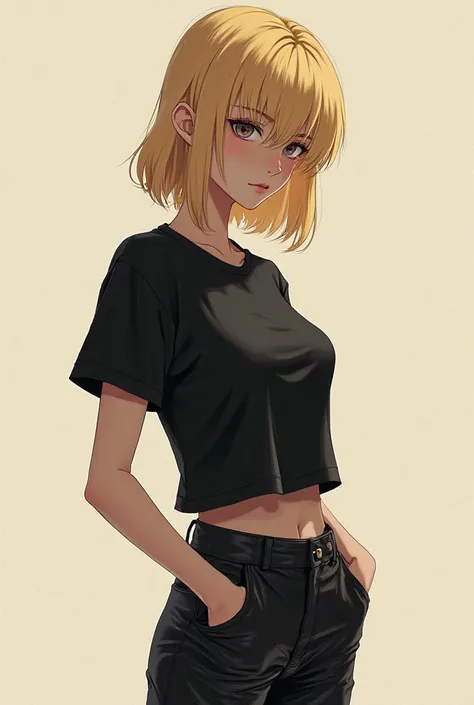 Girl black t-shirt black blonde pants with lenses for profile photo vanilla leather anime