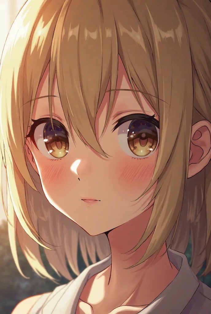 Make her face closer to the screen as if it were a profile picture, And leave it with a more adolescent face and more in the anime style of Attack on Tittan with blond hair and brown eyes