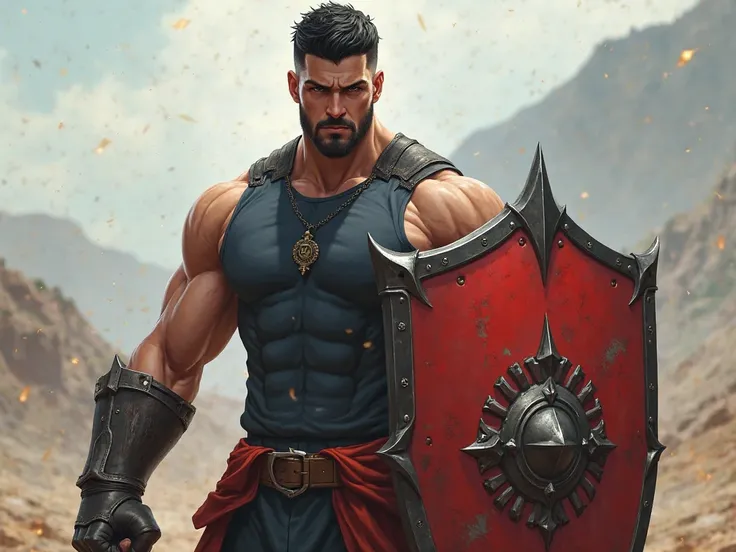 RPG character with workout clothes, athletic body, short black hair and low height black goatee beard with a red knight's shield