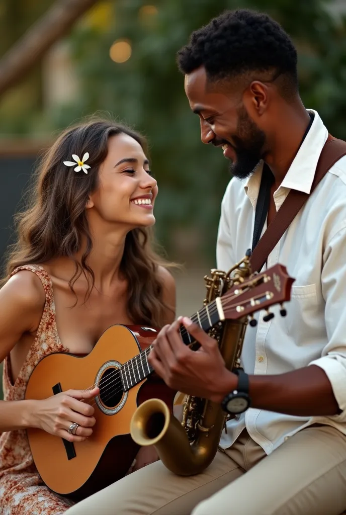 
A detailed portrait of a young woman and a Cuban man performing music together. The woman is seated, playing an acoustic guitar, her fingers delicately strumming the strings. She has long, wavy hair cascading over her shoulders, and her expression is one ...