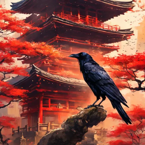 Crow,bird,shrine,Japan,Traditional,雰囲気,illustration,4K,Masterpiece,professional,vivid color, Warm Tones