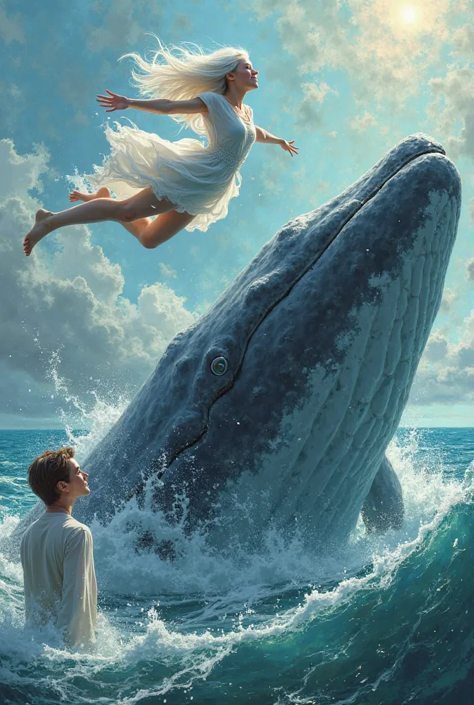 Create an image of an  white  with straight hair jumping on the whale of her master named Adriel , He is 23 years old and has straight hair and is a brunette 