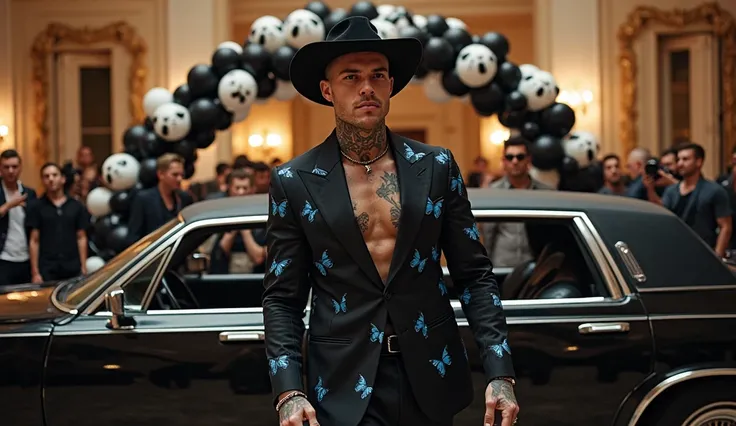  Matthew Noszka  ,  muscular,  very white skin , short blond hair cut low fade,  square-cut short beard , with blue and black butterfly tattoos all over the body up to the neck. Wear an elegant black silk suit with a cowboy hat,  black formal shoes , getti...