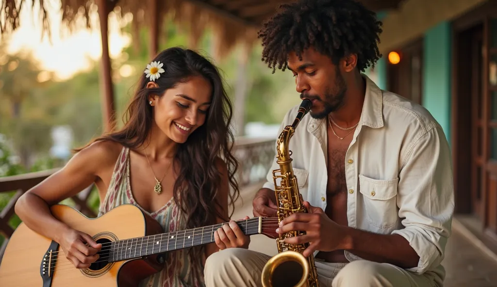 
A detailed portrait of a young woman and a Cuban man performing music together. The woman is seated, playing an acoustic guitar, her fingers delicately strumming the strings. She has long, wavy hair cascading over her shoulders, and her expression is one ...