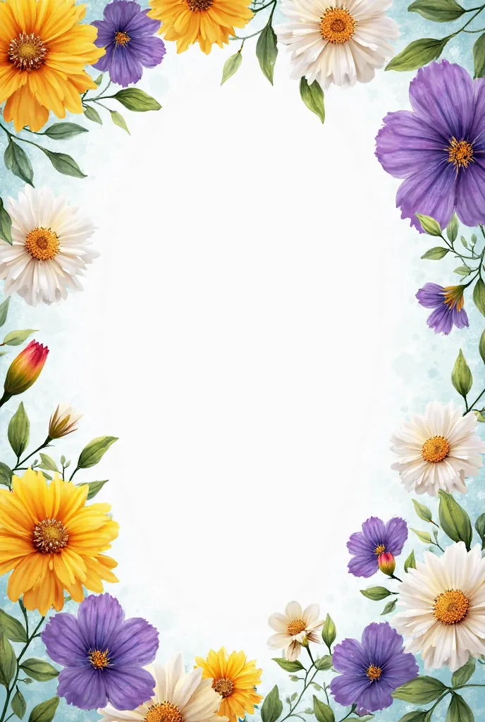 Make a letter-sized frame of pretty, growing flowers, But with yellow colors, white,  purple and turquoise  