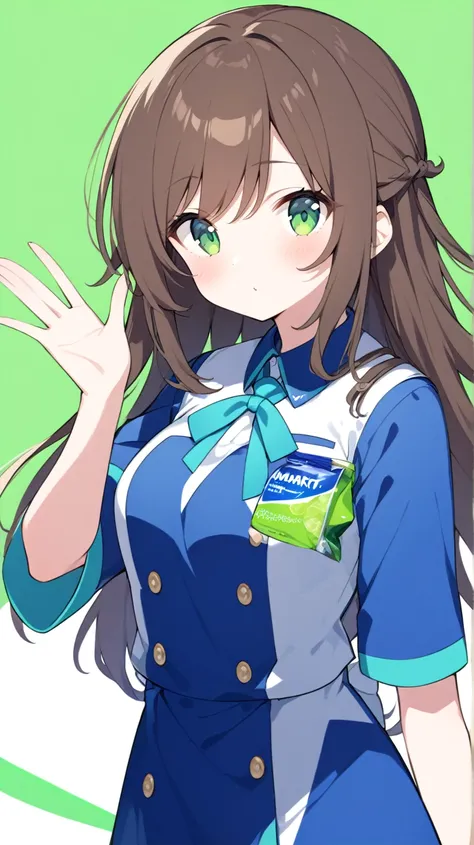 one girl、is facing the front、Combine FamilyMart uniforms with Lawson uniforms、Standing still、hair brown、Light green eyes、Semi-long hairstyle、half up、 no background、Green background、Remove the background so it's easier to crop、