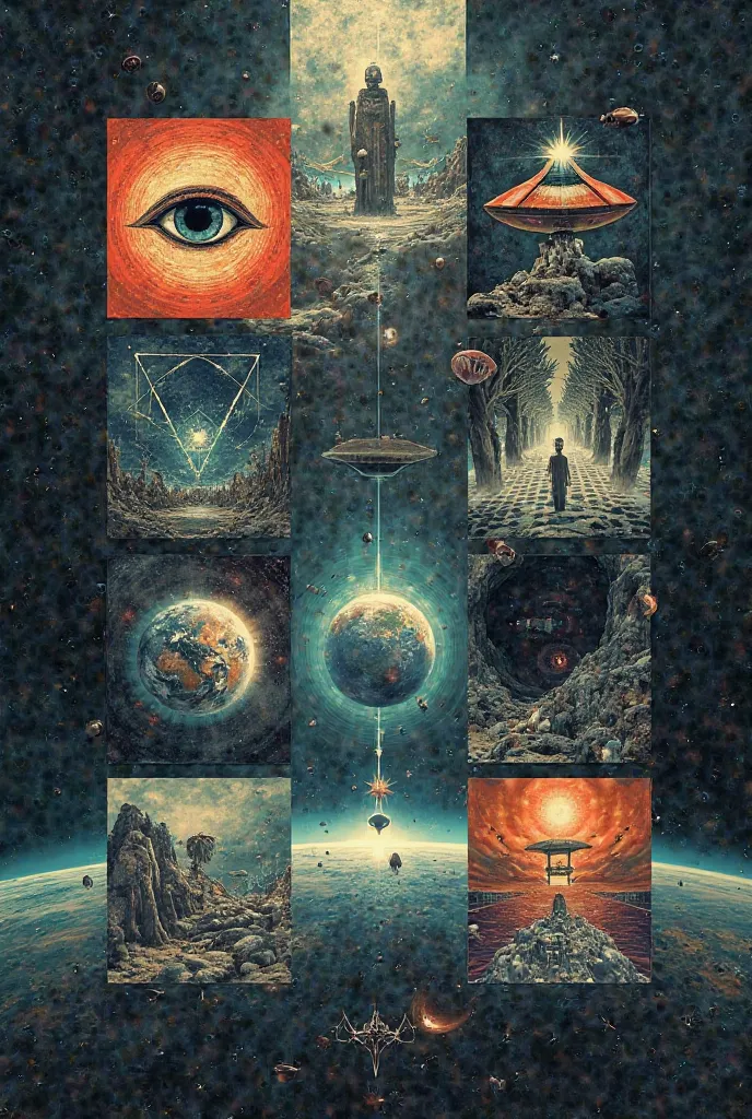  A collage of 7 squares with Illuminati symbols, A UFO, a security camera and the Earth from space.