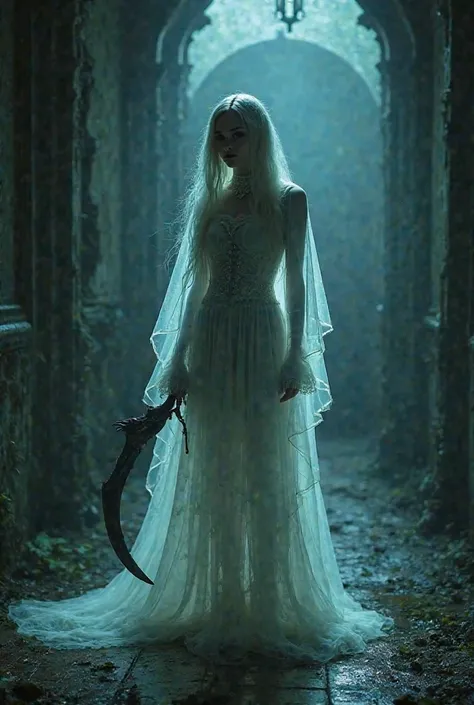 a transparent ghost with long flowing hair, and wearing goth style clothing. the girl is transparent where you can see through her. she has an attached handle to the middle of the curved blade. she is standing in a middle of a haunted house that is dark an...