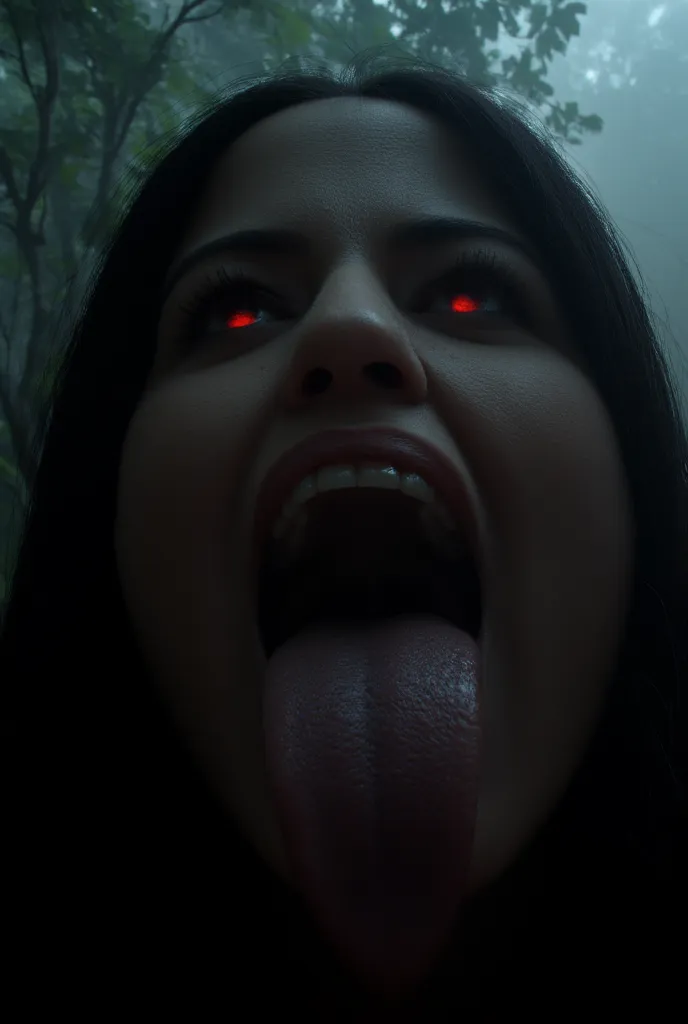 "A dark and eerie scene featuring Veronica, a beautiful yet terrifying witch with glowing red eyes and long flowing black hair. Her mouth is wide open, revealing sharp, glistening teeth and a dark, cavernous interior. Inside her mouth, Max, a young man wit...