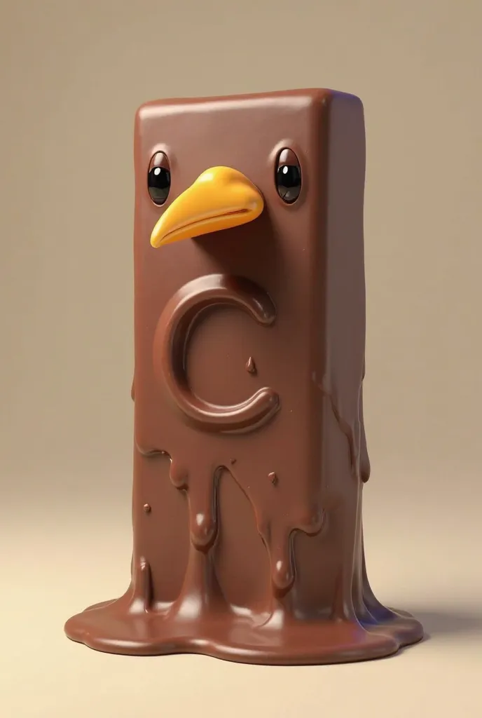 Melting chocolate bar with a beak and the letter c 
