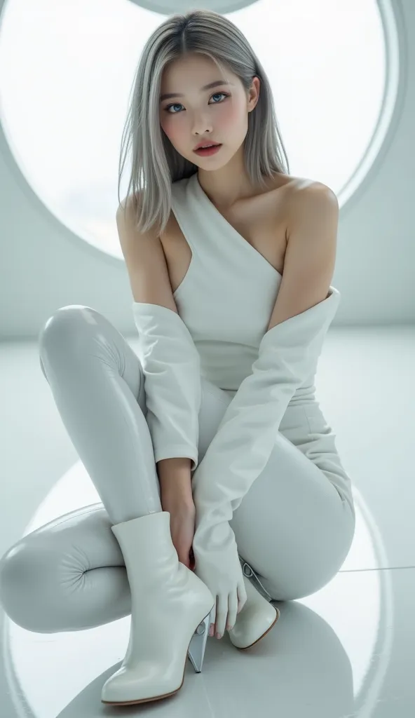 A bold fusion of futurism and monochrome minimalism featuring a 20-year-old cute Japanese model with an hourglass figure, a very slender waist, and a tiny head with long gray hair and large blue eyes. She wears a sleek white asymmetrical tunic with one lon...