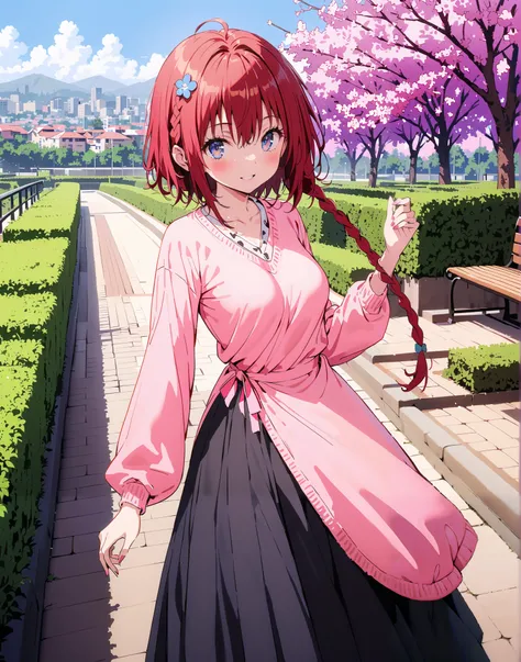 Kurosaki's thing , Alone,stupid hair, blue eyes, knitting glasses, hair intake, sngle braid,HAIR ACCESSORY, red hair, hair knitting glasses, smile,blush,open your mouth,Medium breast, oversized v neck sweater long sleeve,long skirt,short boots, bench,Beaut...