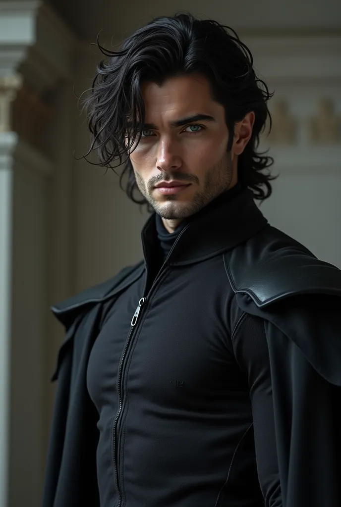  White man, eyes with silver blue, He's a prince, wavy black hair falling over his eyes, dressed in black fighting leather,  muscular body, soft features.