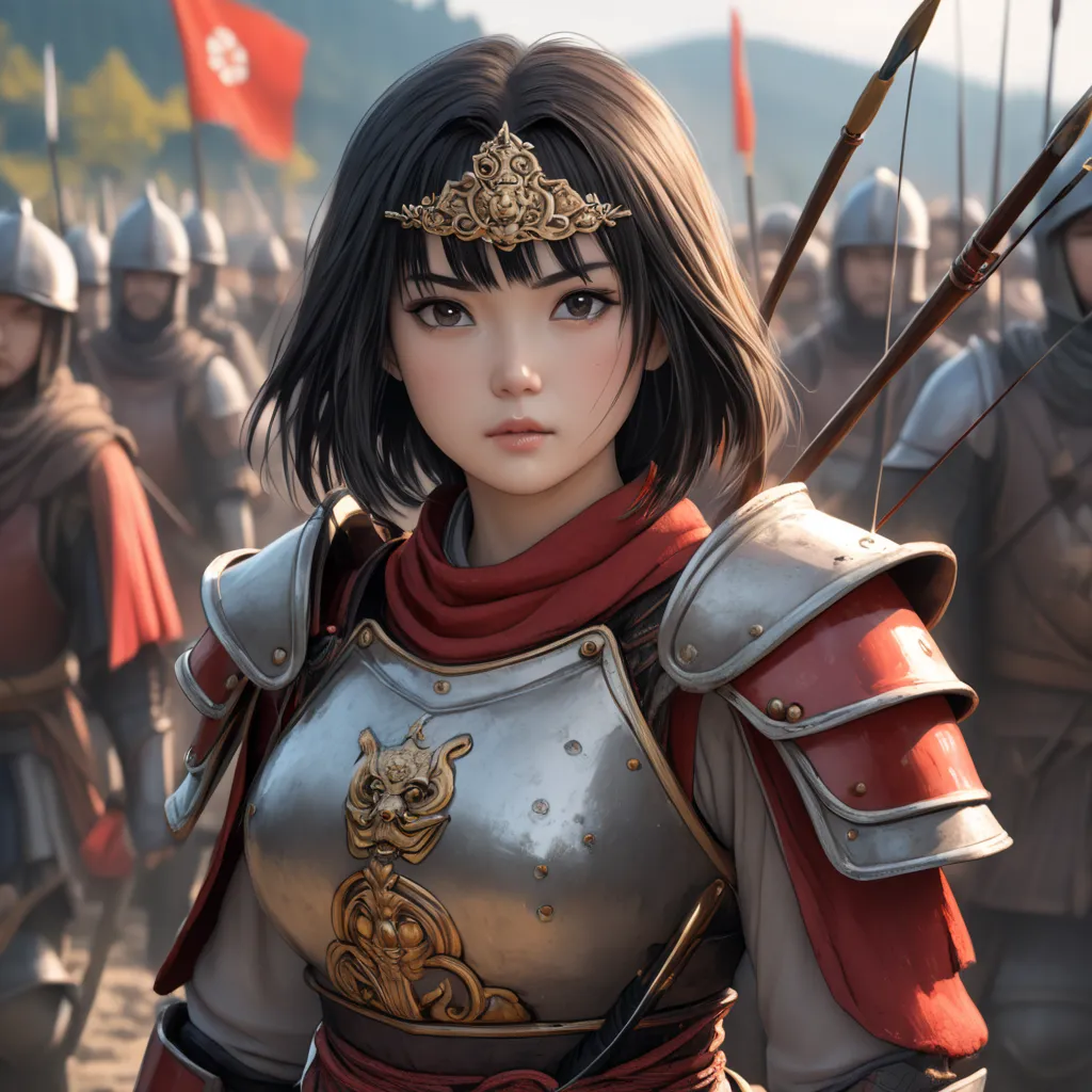 epic realistic, RAW, analog, A full body picture of stunning Japanese woman, black hair, black eyes, Japanese facial featured, wearing red (full body Japanese yoroi armor:1.3) , (kabuto helmet) , (naked under full yoroi), proud expression, (medieval warzon...